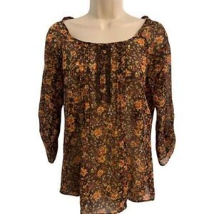 Pink Rose Rayon Brown Floral Long Sleeve Top. Size Medium